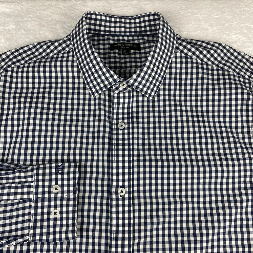 Banana Republic Shirt Mens XXL Blue/White Checks Slim Fit Stretch